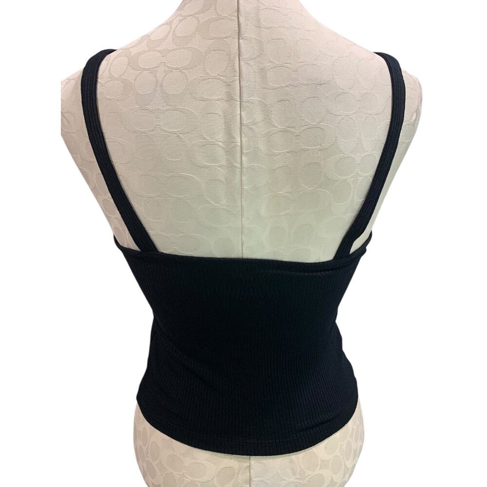 Large Forever 21 Crop Tank Top Shirt Womens Black Ribbed Tie Front - Picture 6 of 8